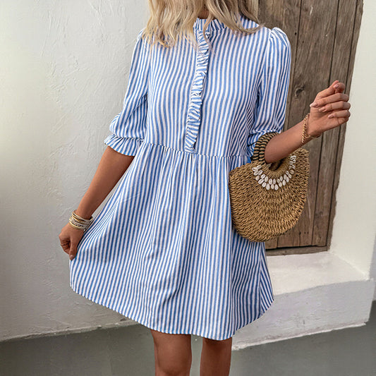 Vintage Sweet Puff Sleeve Striped Dress | Elegant Summer Style