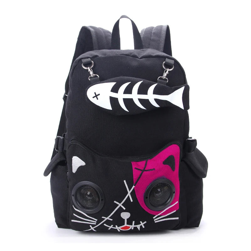 JIEROTYX Womens Speaker Bags Cat Animal Rucksack Backpack Gothic Plug Play Fish Bone Girls Gift Backpack Canvas Women Bluetooth
