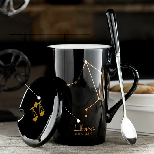 Zodiac Ceramic Mugs with Spoon Lid | Unique Constellation Drinkware