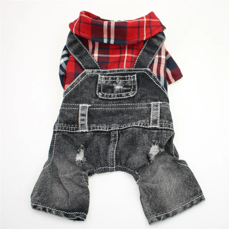 Stylish Pet Denim Plaid Jumpsuit Hoodie | Perfect for Spring & Autumn