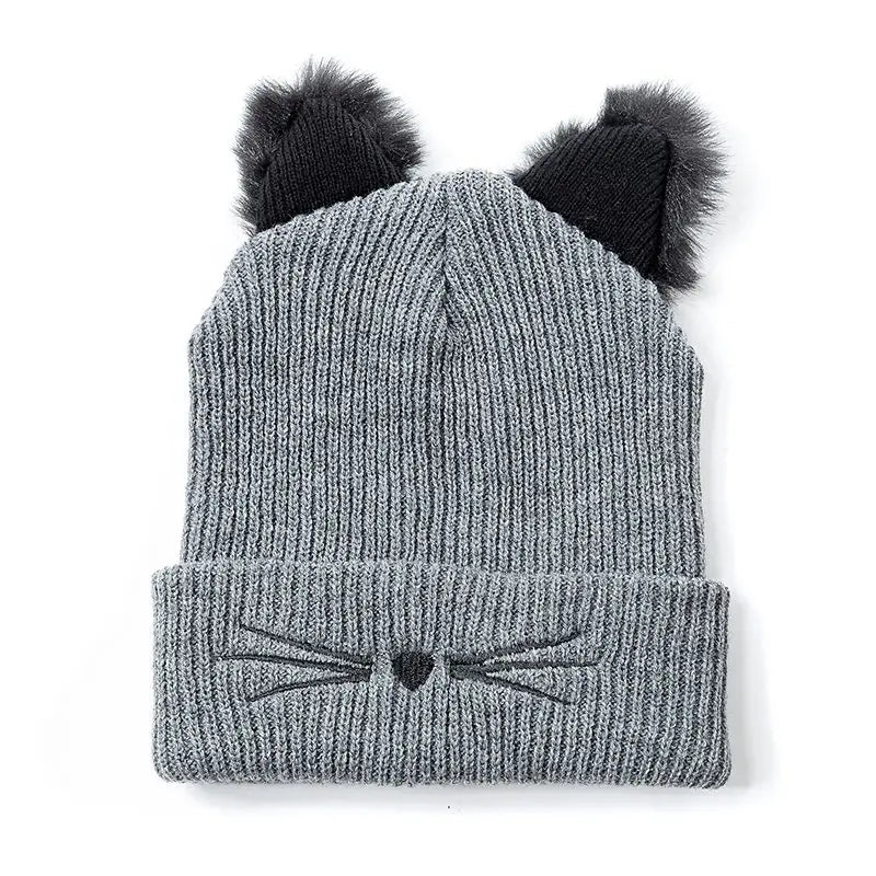 Women's Cute Cat Ear Beanie Hat | Warm Acrylic Knit Winter Skull Cap
