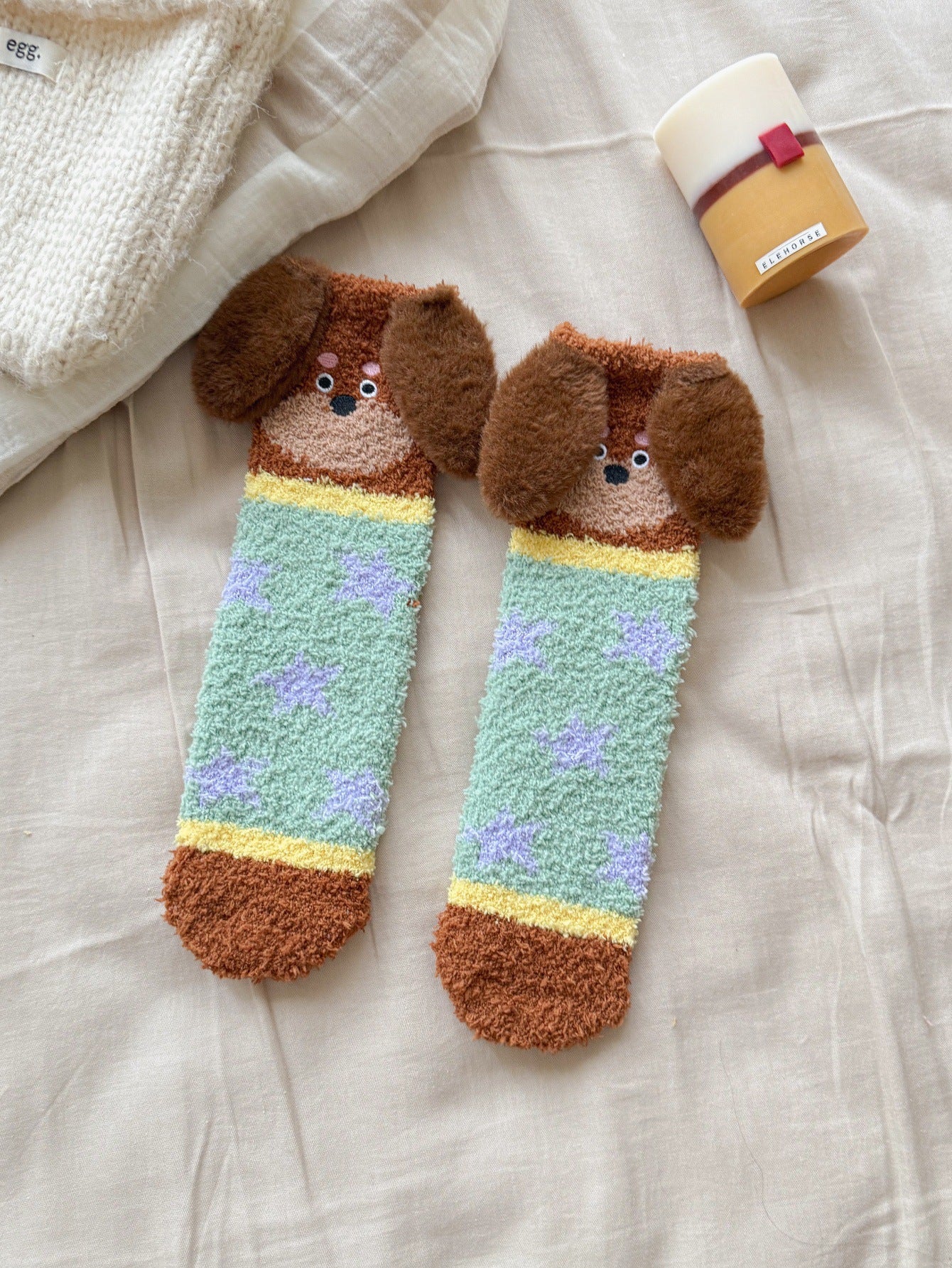 Warm Coral Velvet Sleep Socks for Women | Adorable Cartoon Puppy Design