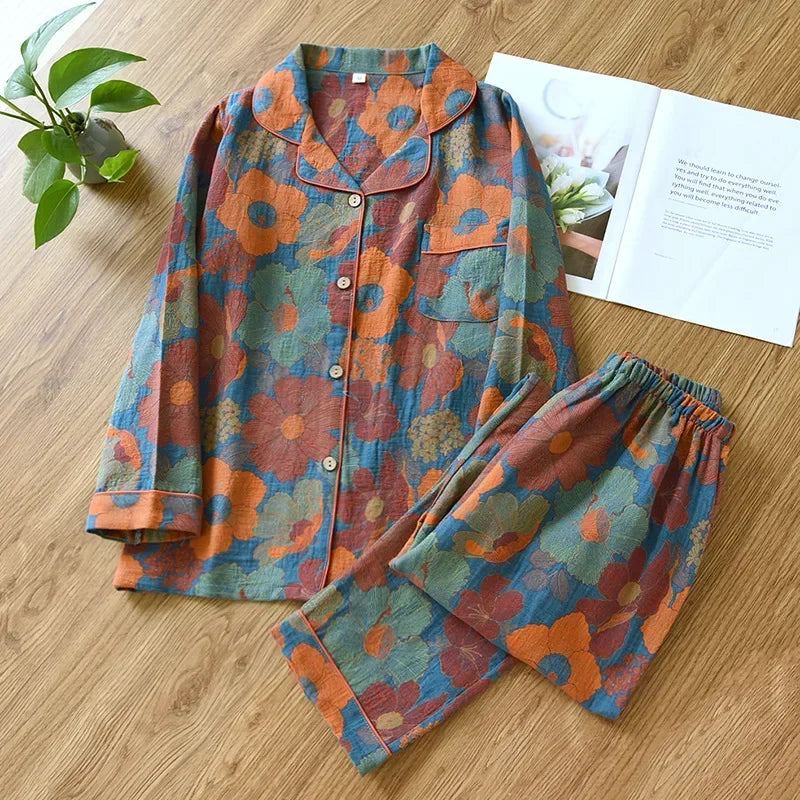 2026 Japanese Spring and Autumn New Women's Pajama Set 100% Cotton Vintage Long sleeved Pants Two Piece Set for Home Furnishings