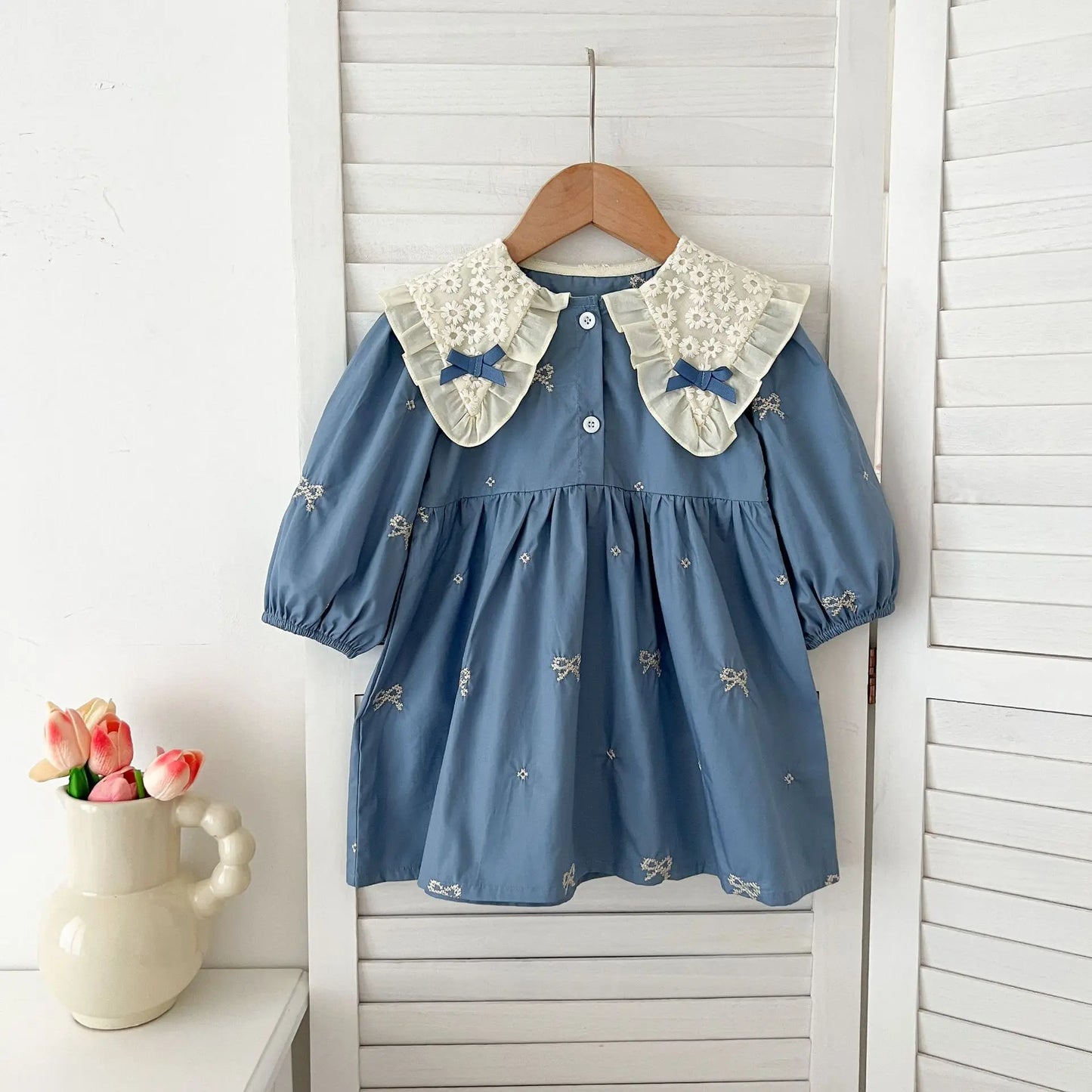 Cute Baby Girls Bow Lace Embroidery Bodysuit & Dress Set