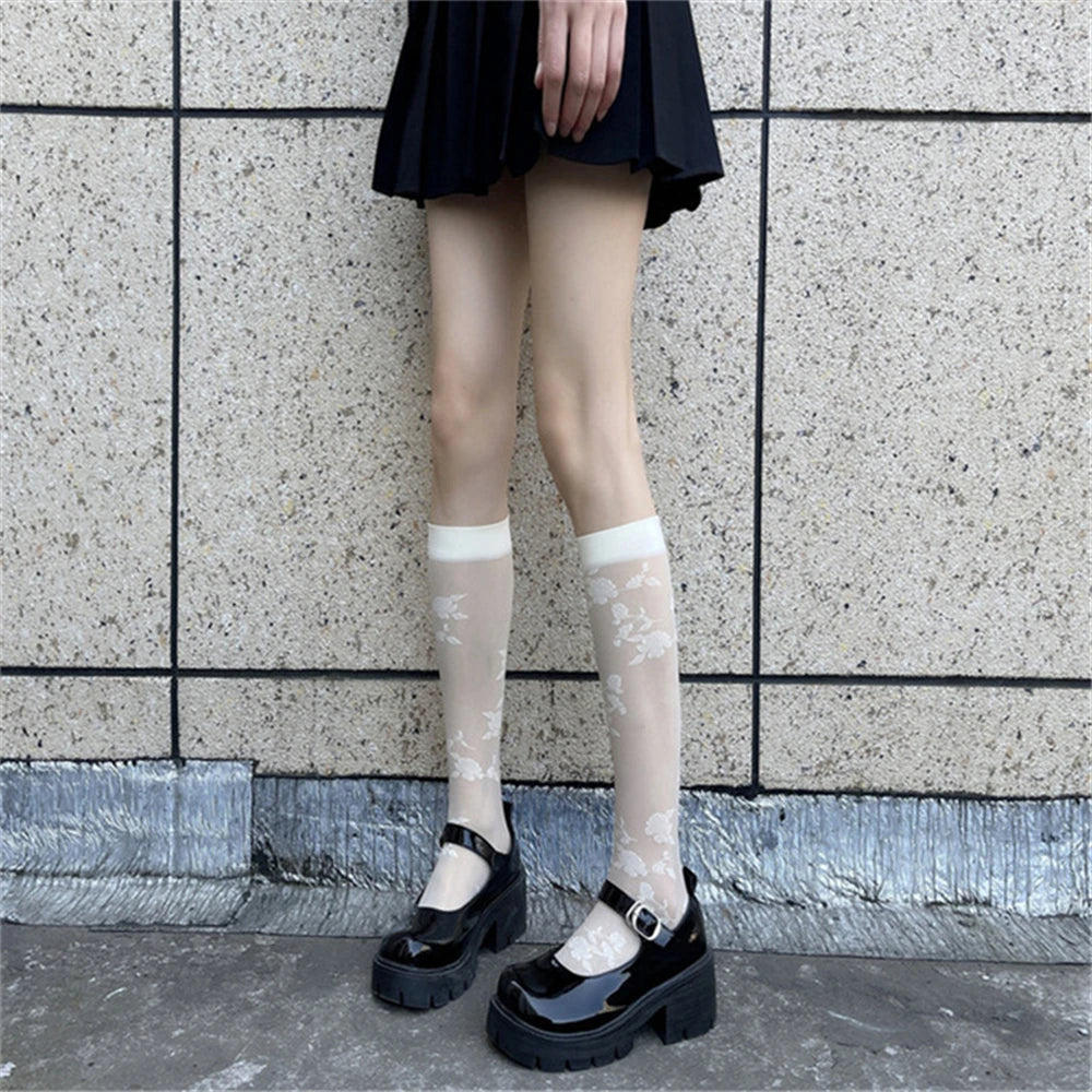 Elegant Black Rose Embroidery Long Socks | Women's Knee Highs