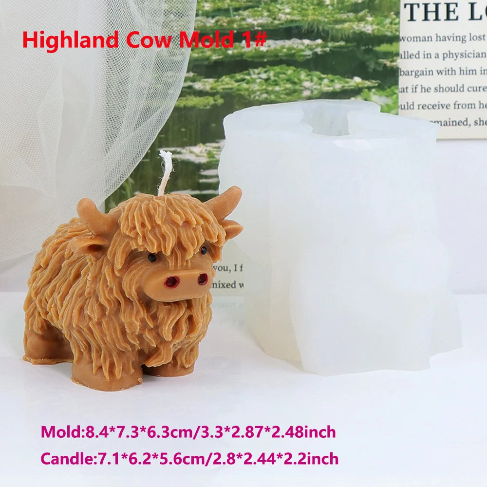 3D Highland Cow Silicone Mold Highland Yak Candle Mold Cute Animal Cattle Resin Concrete Cement Statue Art Mold Home Decor Tool