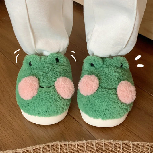 Women's Cute Green Frog Plush Slippers | Cozy Faux Fur House Shoes