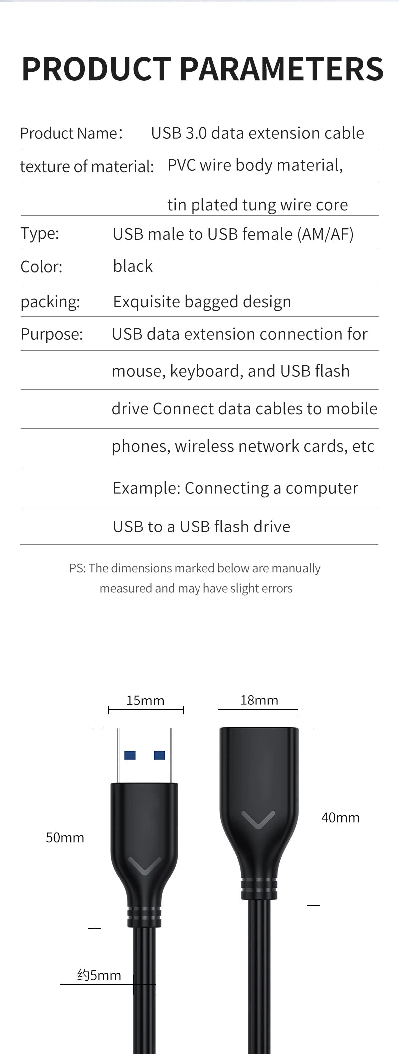 High-Speed USB 3.0 Extension Cable Male to Female for Devices