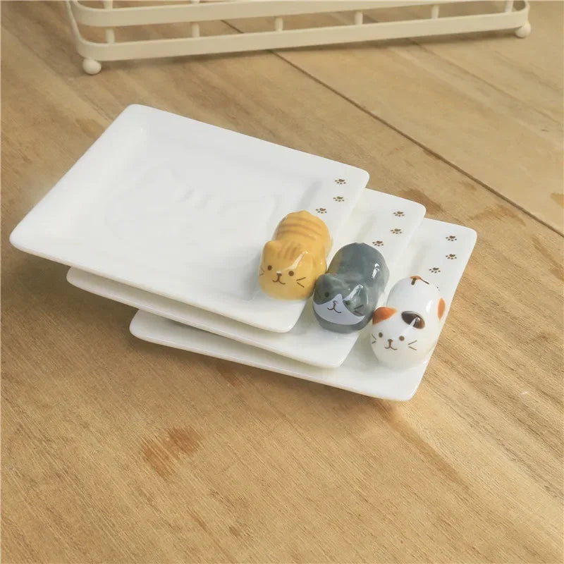 Cute Cat Ceramic Sushi Plate | Hand-Painted Dipping Dish