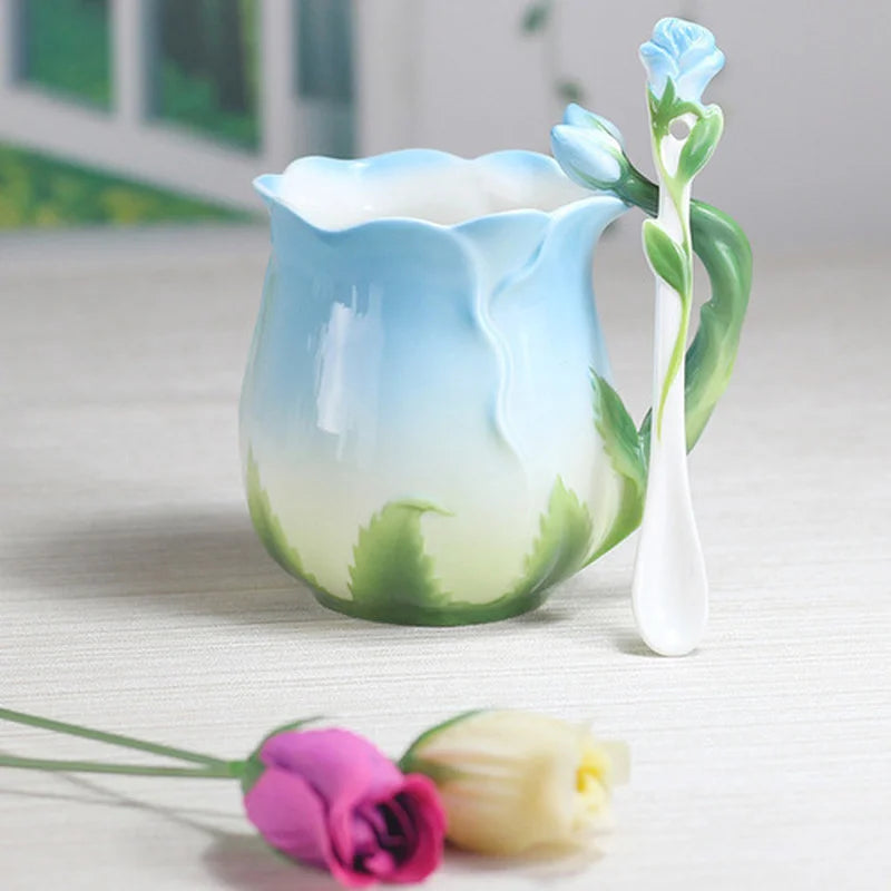 Creative 3D Rose Shape Ceramic Coffee Mug with Spoon - 4 Colors