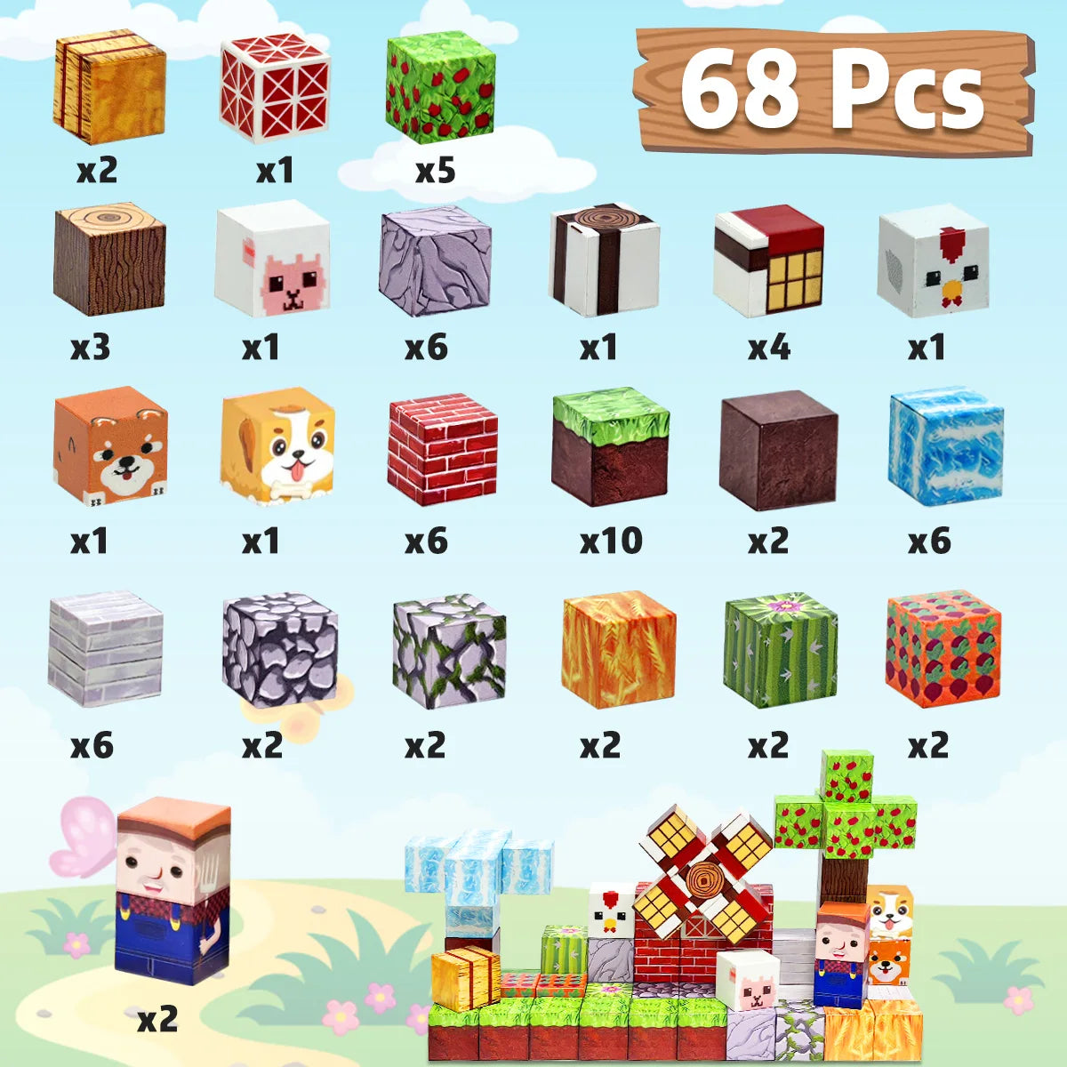 Magnetic Building Blocks Farm For Kids Boys Girls Ages 3+ Magnet Cube Set STEM Montessori Sensory Toy