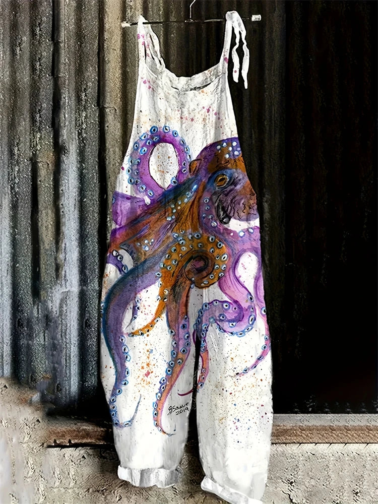 Stylish Women's Fish Print Suspender Jumpsuit for Summer Fun