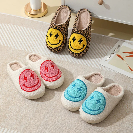 Women's Leopard Print Plush Slippers | Cute Smile Face House Shoes