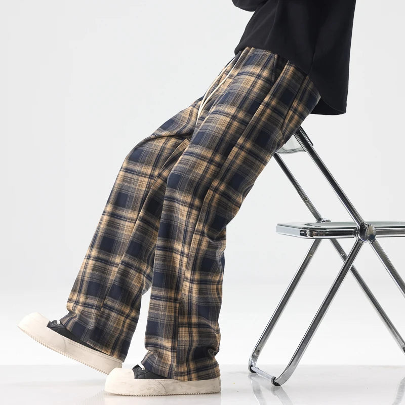 Fashion Man Casual Plaid Pants Streetwear Male Koreon Spring Summer Elastic Waist Loose Straight Sport Vintage Trousers