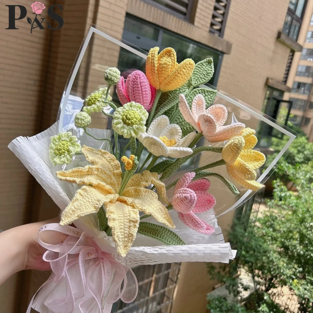 Ramo de Flores Tejido a Crochet a Mano | Elegantes Regalos de Decoración para el Hogar