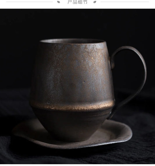 Taza de té y café de cerámica vintage con mango de madera