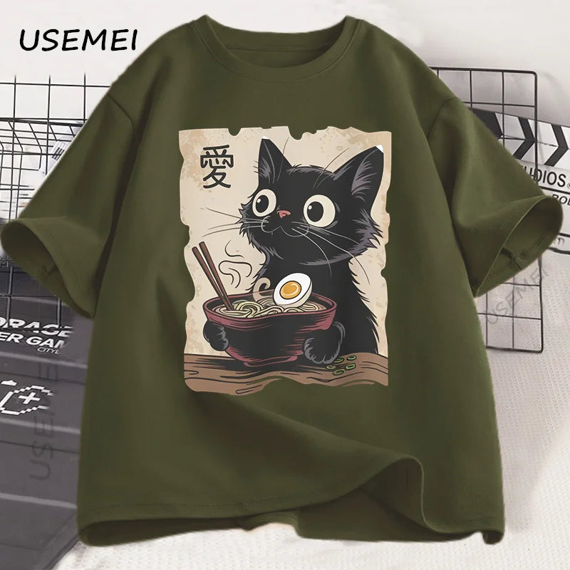 Funny Cat Ramen Graphic Tee | Kawaii Anime Cat T-Shirt