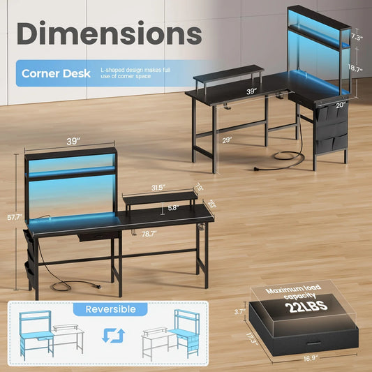 Versatile L Shaped Reversible Computer Desk with LED Lights