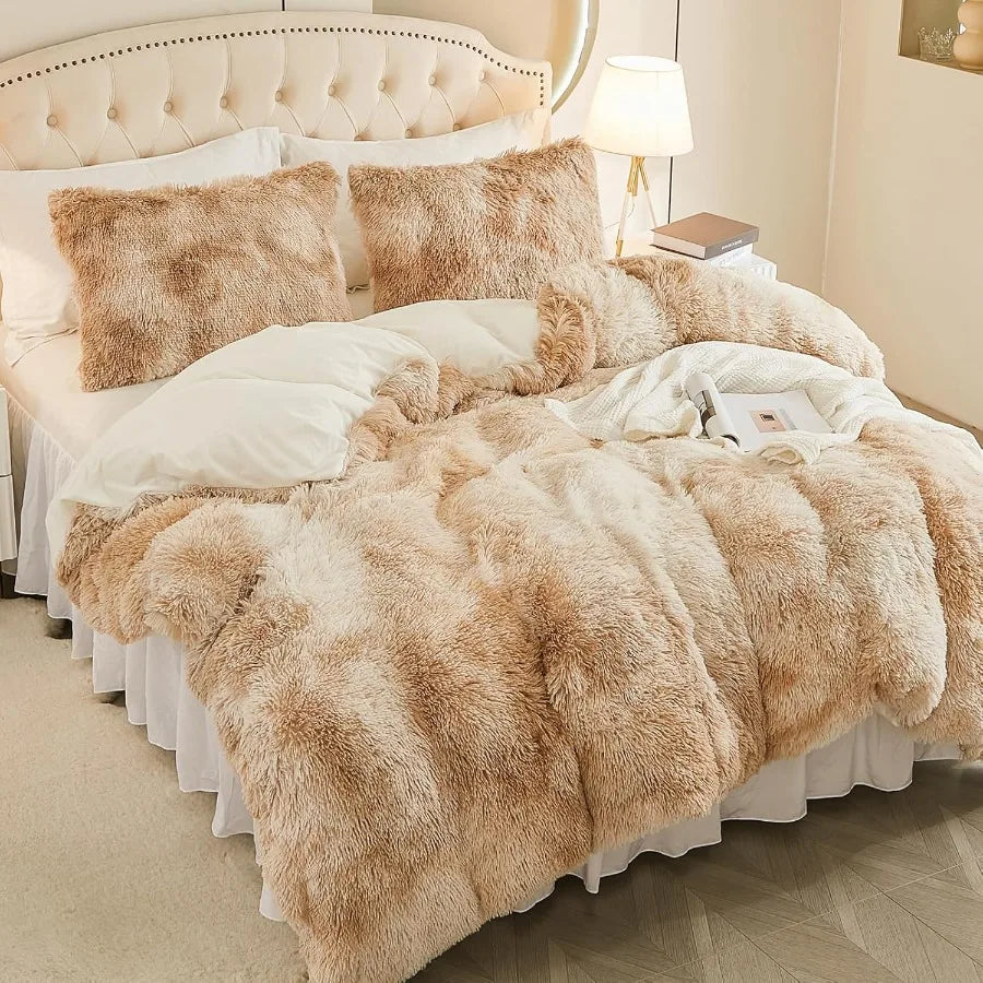 Twin Size Khaki Fuzzy Duvet Cover Set | Cozy Plush Bedding