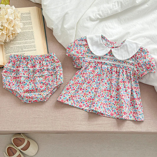 Conjunto de ropa de verano para bebé niña | Traje floral con mangas abullonadas