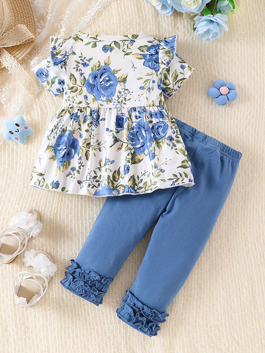 Baby Girl Floral Ruffle Top & Lace Trim Pants Set | Cute 2pc Outfit