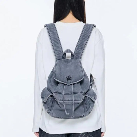 Mochila de lona vaquera vintage con cordón | Gran capacidad de viaje