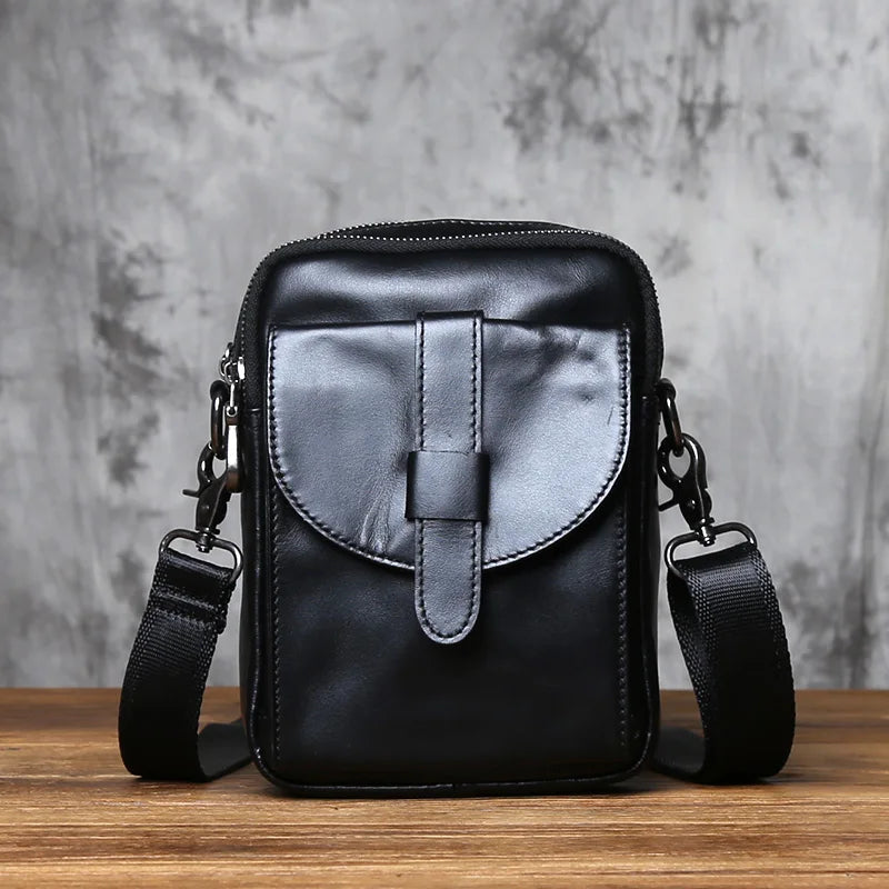 NZPJ Vintage Genuine Leather Men's Shoulder Bag Natural Cowhide Crossbody Bag Casual Small Backpack Suitable for 8-inch iPad