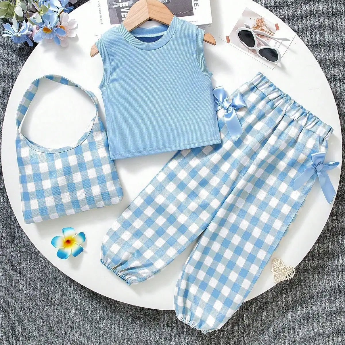 Little Girl's Blue and White Plaid 3-Piece Outfit Set | Summer Fun