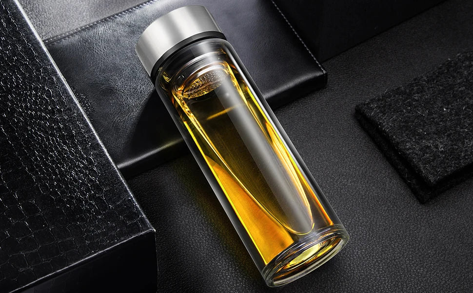 Glass tea infuser bottle tea flood cup 12oz/350 mL,double wall boro silicate portable travel tumbler mug leak proof for loose le