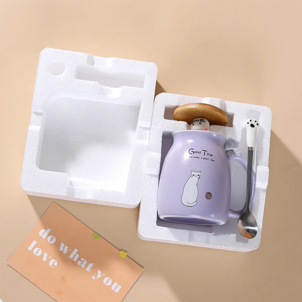 Cute Cat Water Cup | Adorable Ceramic Mug with Lid & Spoon