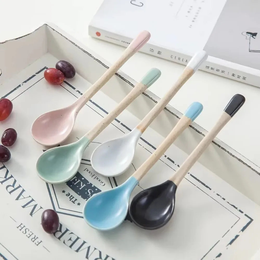 Japanese Style Ceramic Soup Spoon | Cute Cartoon Long Handle Spoon