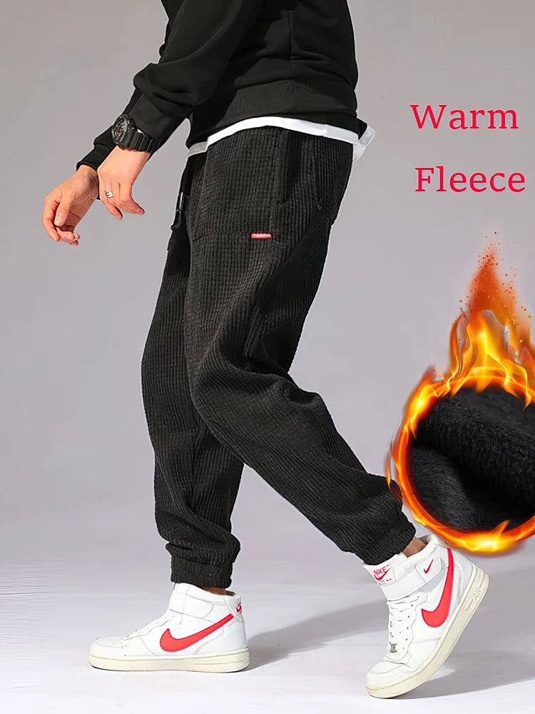 Autumn Winter Warm Motorcycle Jogger Corduroy Pants Men Tech Fleece Sweatpants Casual Harem Pants Male Sport Thermal Trousers