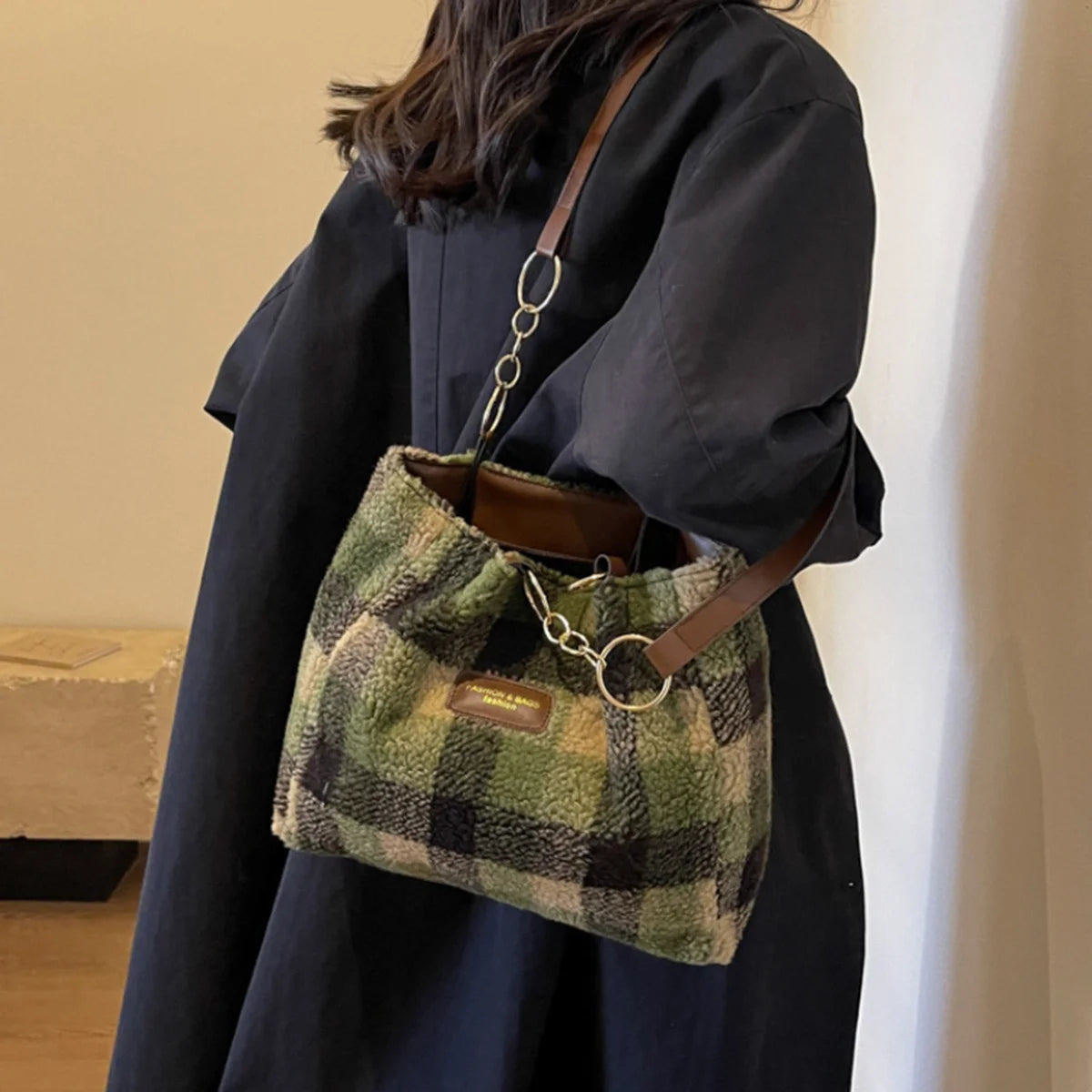 Red Plaid Lambswool Shoulder Bag | Large Capacity Tote for Women