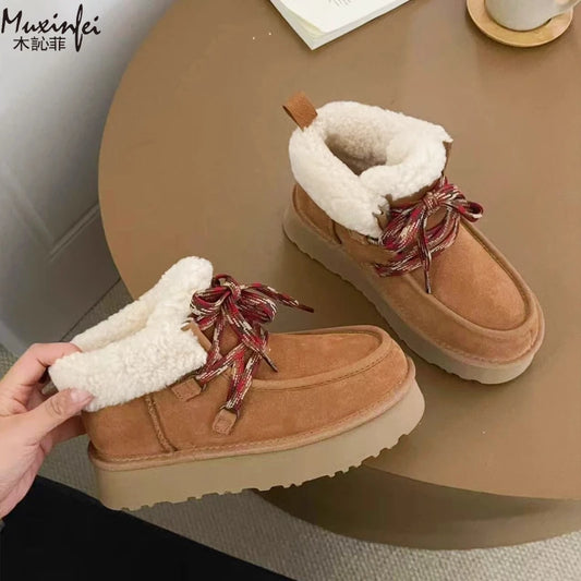 Women's Thickened Sheepskin Wool Snow Boots | Warm Winter Mid-Calf Boots