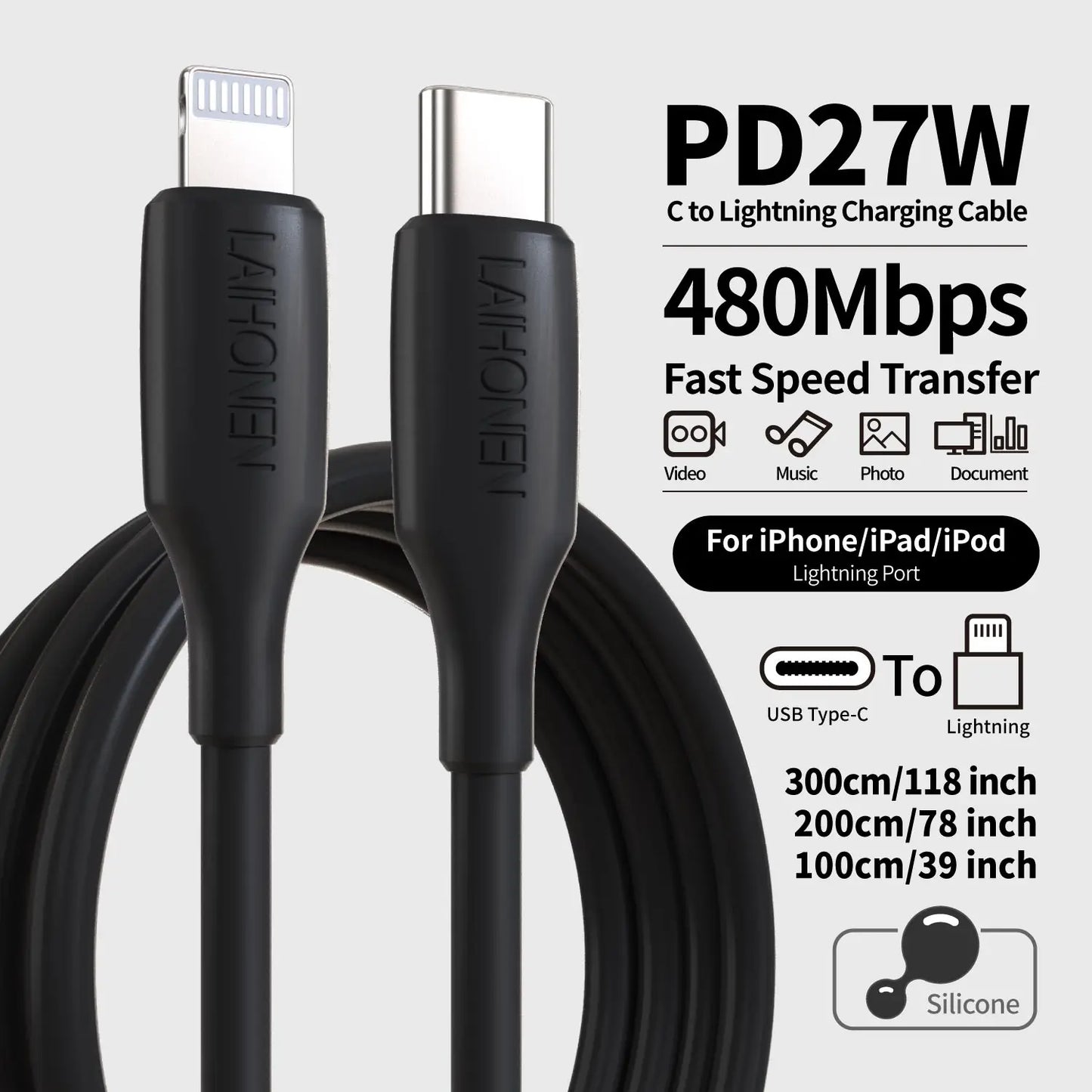 27W Fast Charging USB-C to Lightning Cable | Soft Silicone Pink Accessory