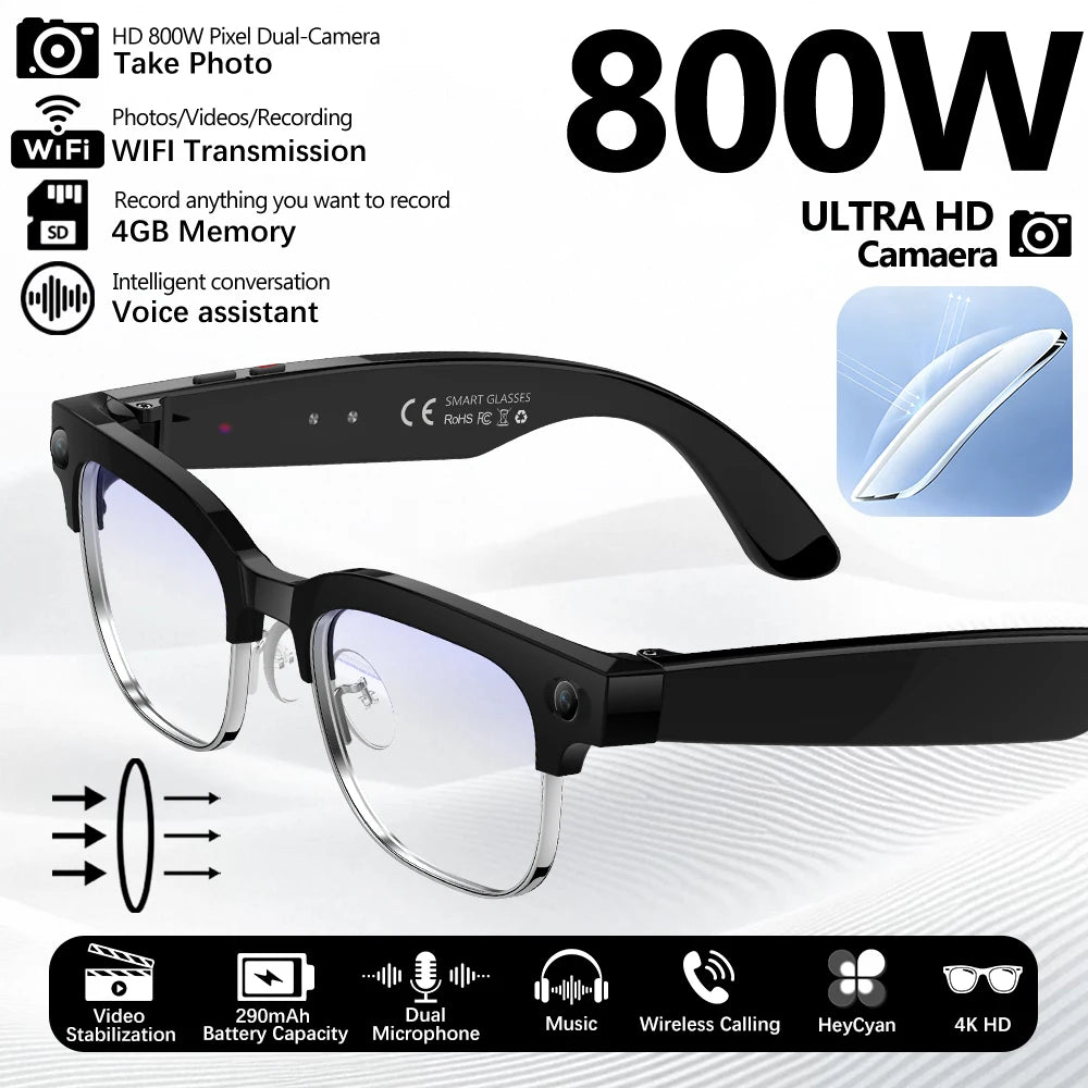 2026 Smart Glasses with 800W Ultra-Wide HD 4K Camera — Dual Lens Video Recording, 4GB AI Photo Recognition, Bluetooth Calls, Voice Translation, Anti-Blue Light UV Sunglasses