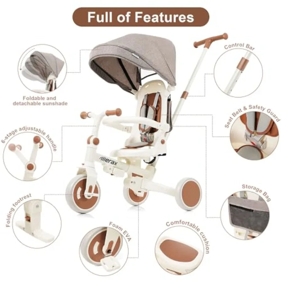 7-in-1 Foldable Toddler Tricycle with Removable Pedal Canopy and Guardrail Adjustable Push Handle Lightweight Aluminum Frame Bl