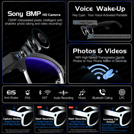 AI Smart Glasses with 800W Camera & Multilingual Translation