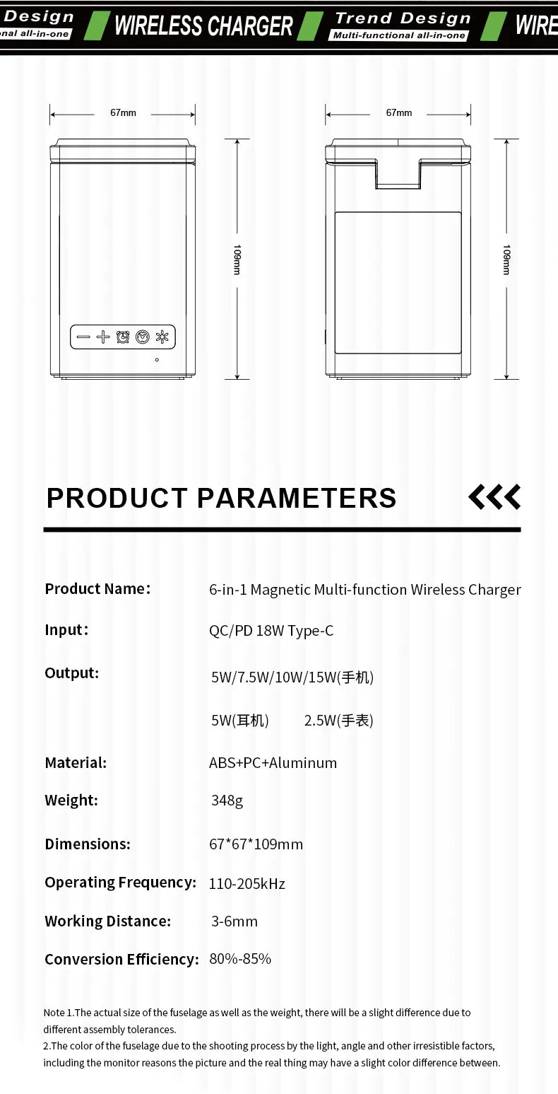 6-in-1 Magnetic Wireless Charger Stand — 15W Fast Charging, Bluetooth Speaker, Alarm Clock, LED Night Light, MagSafe Dock for iPhone 16 / 15 / 14, Apple Watch & AirPods