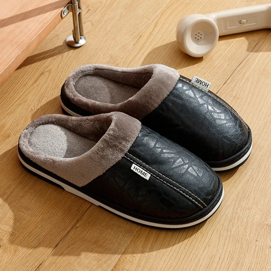 Men's Winter Waterproof PU Slippers | Warm & Comfortable Indoor Shoes