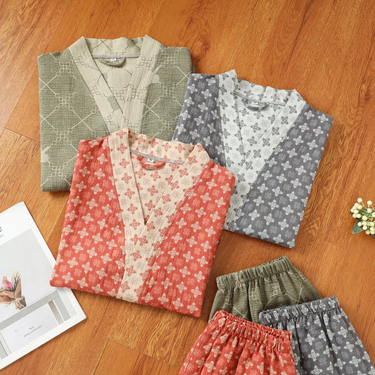 Women's Cotton Double-Layer Jacquard Bathrobe & Pajamas Set