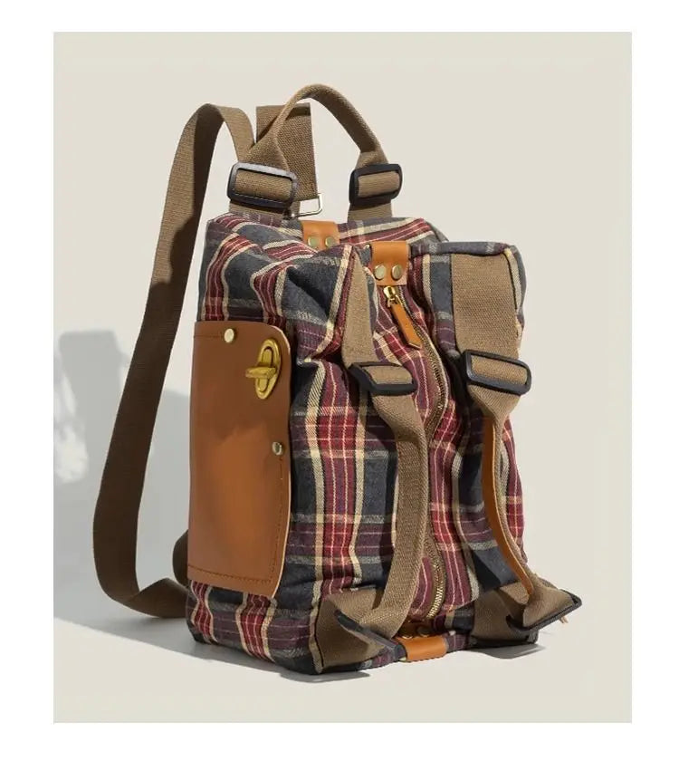 Large Capacity Burgundy Plaid Handbag | Convertible Shoulder Backpack
