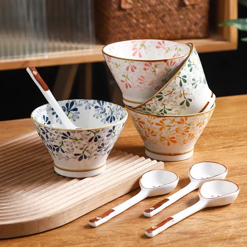 5 Inch Colorful Floral Ceramic Cone Bowls | Vintage Tableware