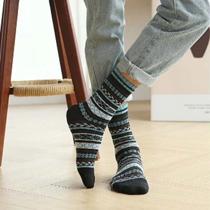 Men's Thick Cotton Mid Tube Socks | Warm Retro Ethnic Stripes
