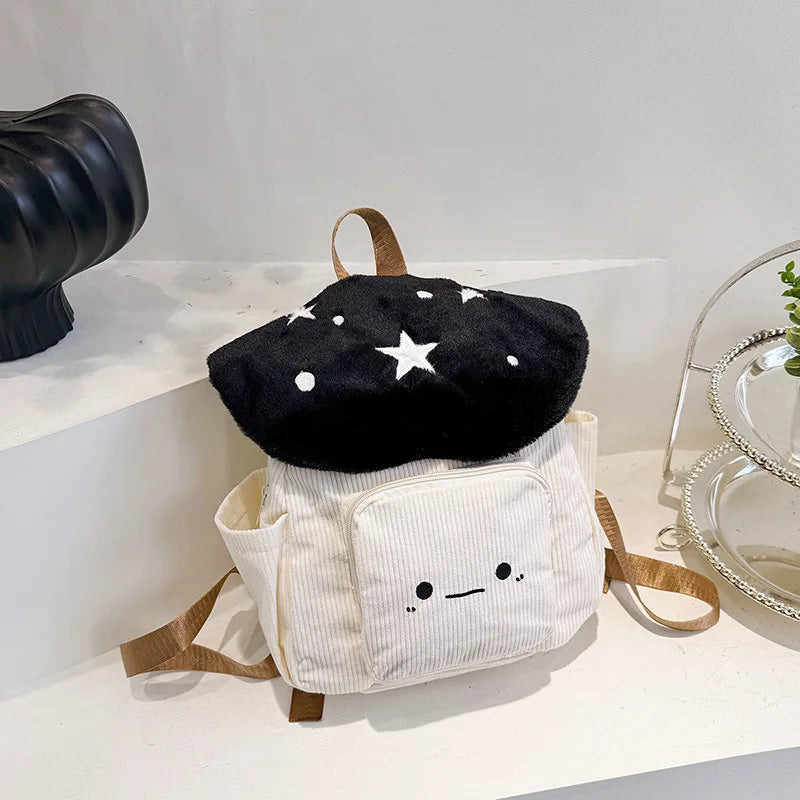 Women's Kawaii Plush Mushroom Backpack Cute Tote Bag with Adjustable Straps Zipper Closure Corduroy Red/White Student Backpacks