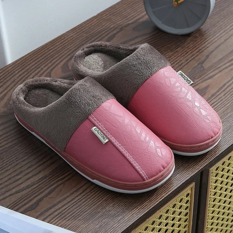 Men's Warm PU Leather Plush Slippers | Cozy Waterproof House Shoes