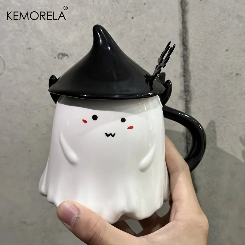 1/2PCS 470ml Halloween Themed Ceramic Coffee Mug with Lid And Spoon - Little Devil And Devil Tail Design Cute Halloween Gift