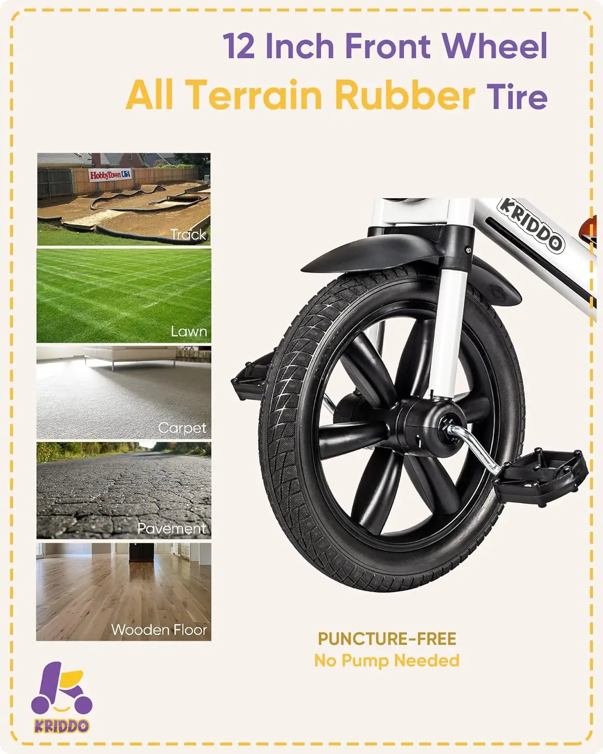 12 Inch Kids Tricycle with Puncture-Free Wheels & Front Light