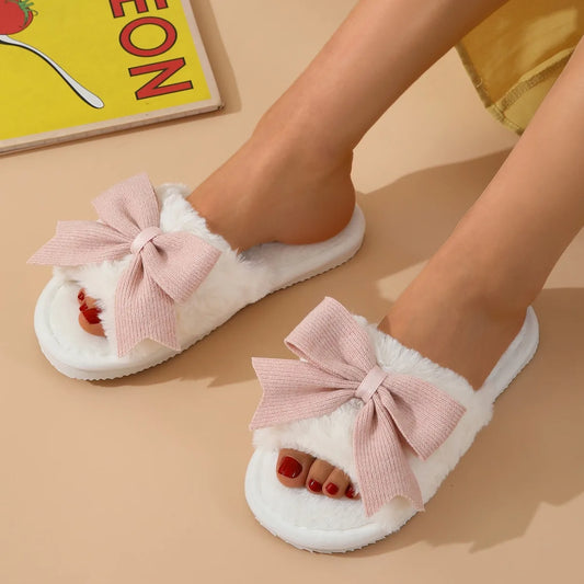 Women's Cute Bow Open Toe Plush Slippers | Cozy Winter House Shoes