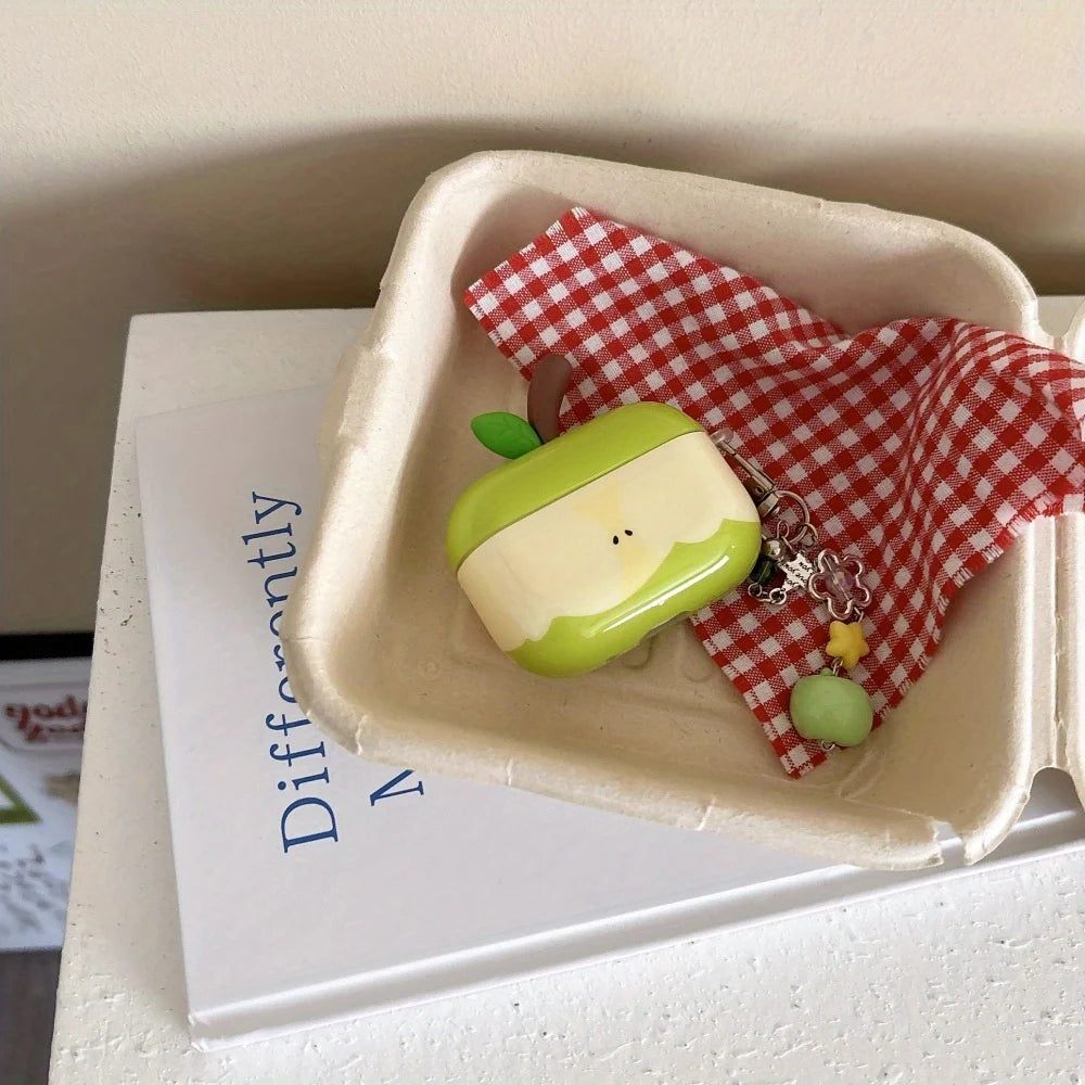 Bonita funda protectora para AirPods con forma de manzana verde en 3D | Divertida funda para auriculares